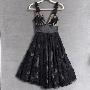 Bebe Dress 0 Black Lace Satin Fit Flare Midi Bow Deep V Cocktail Party Glam LBD‎